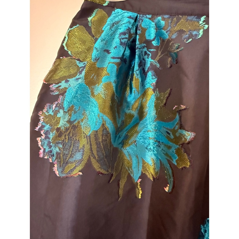 Anthropologie Floral Brocade Midi Skirt Womens Navy Blue Turquoise A-Line Party - Picture 7 of 16